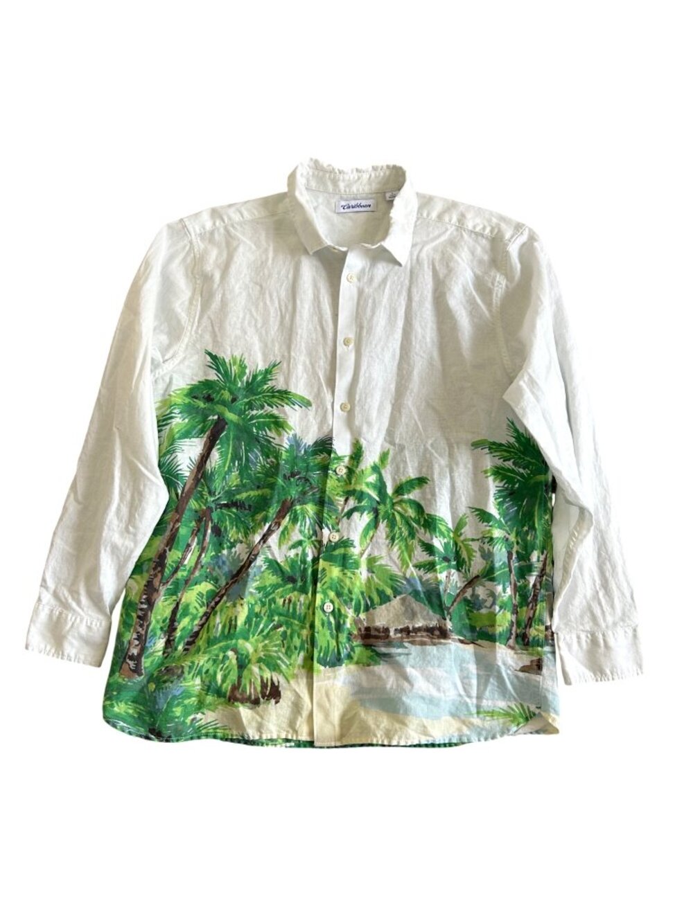 Caribbean Mens Large White Button-Up Shirt With Tropical Palm Tree Design